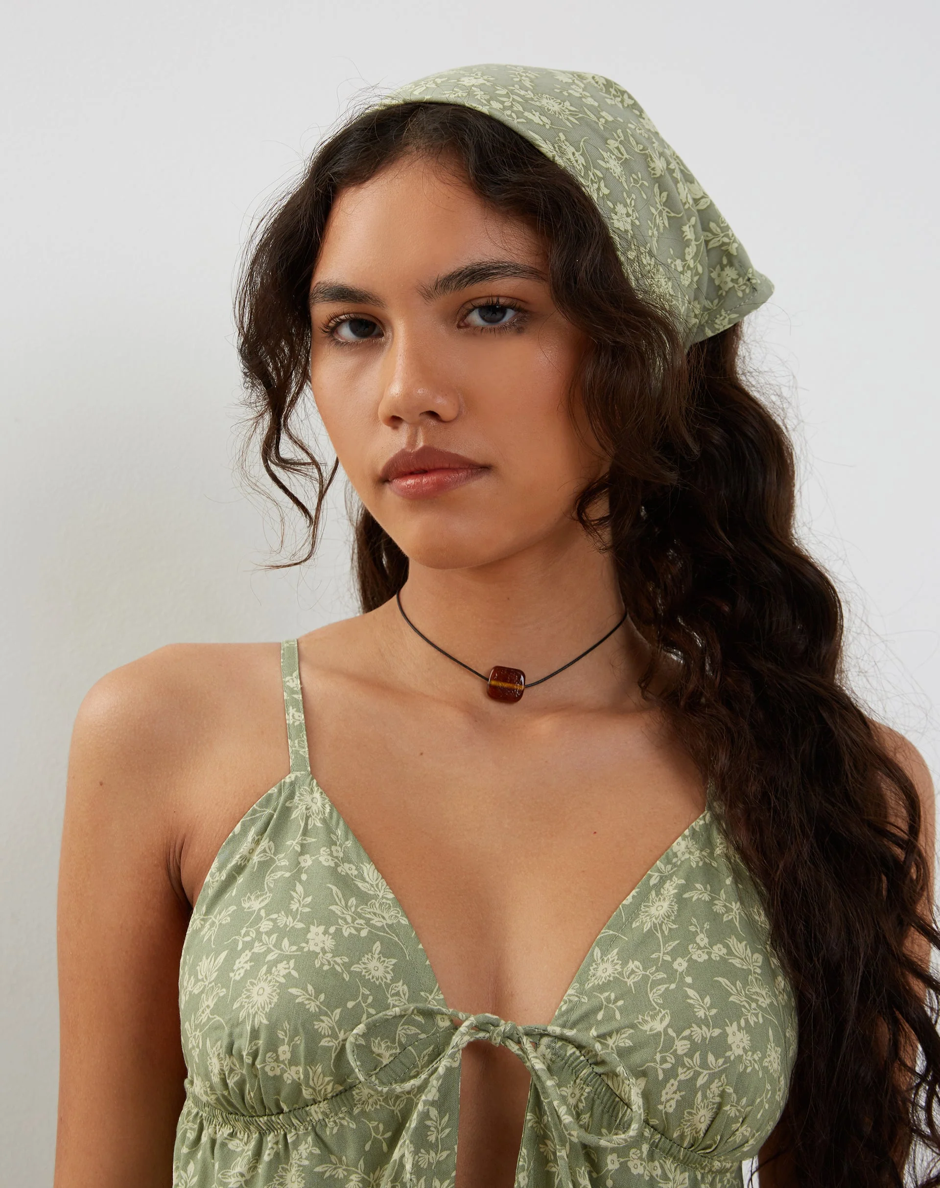 Tezza Tie Front Cami Top in Ditsy Floral Green - Image 4
