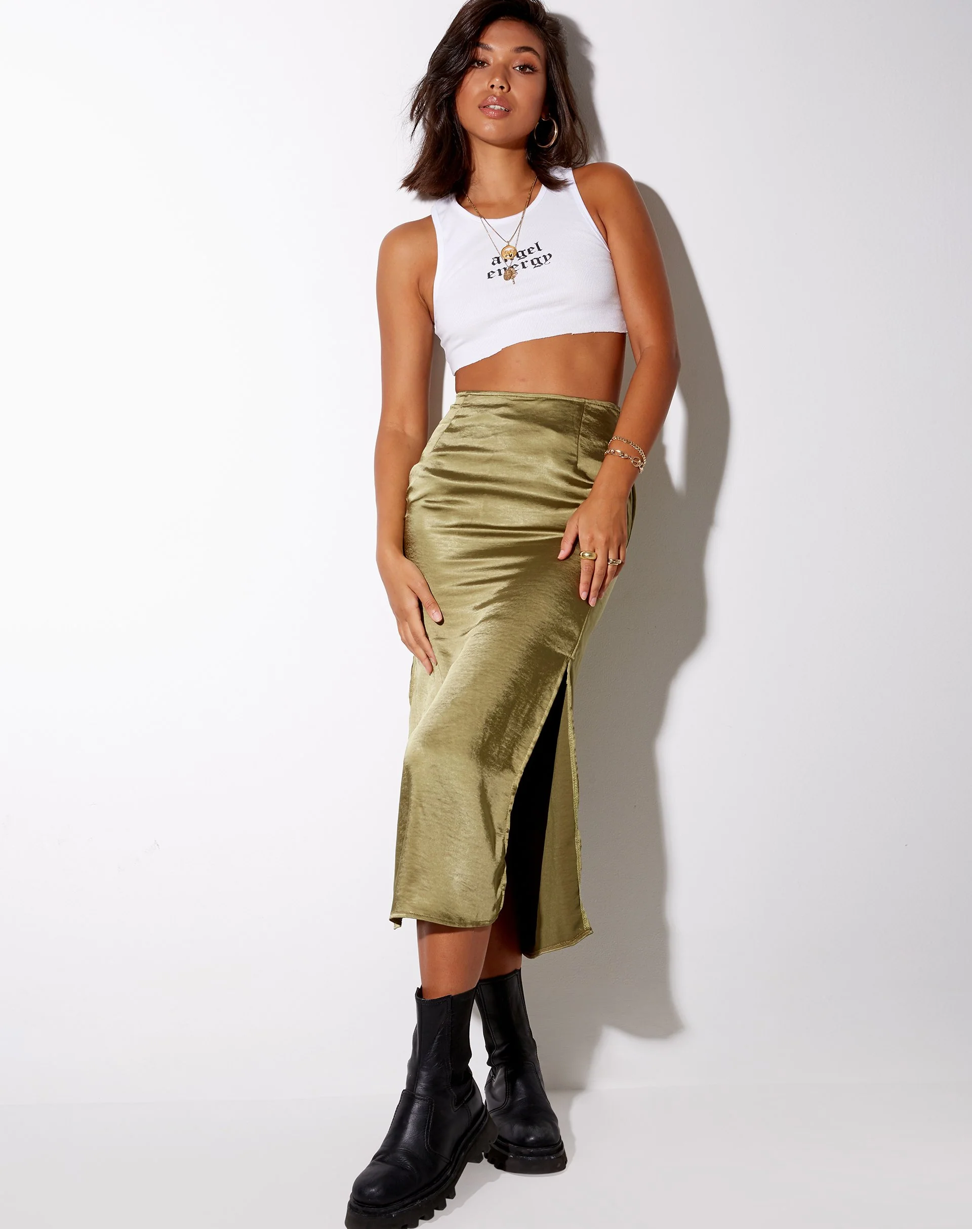 Tindra Midi Skirt in Satin Olive - Image 5