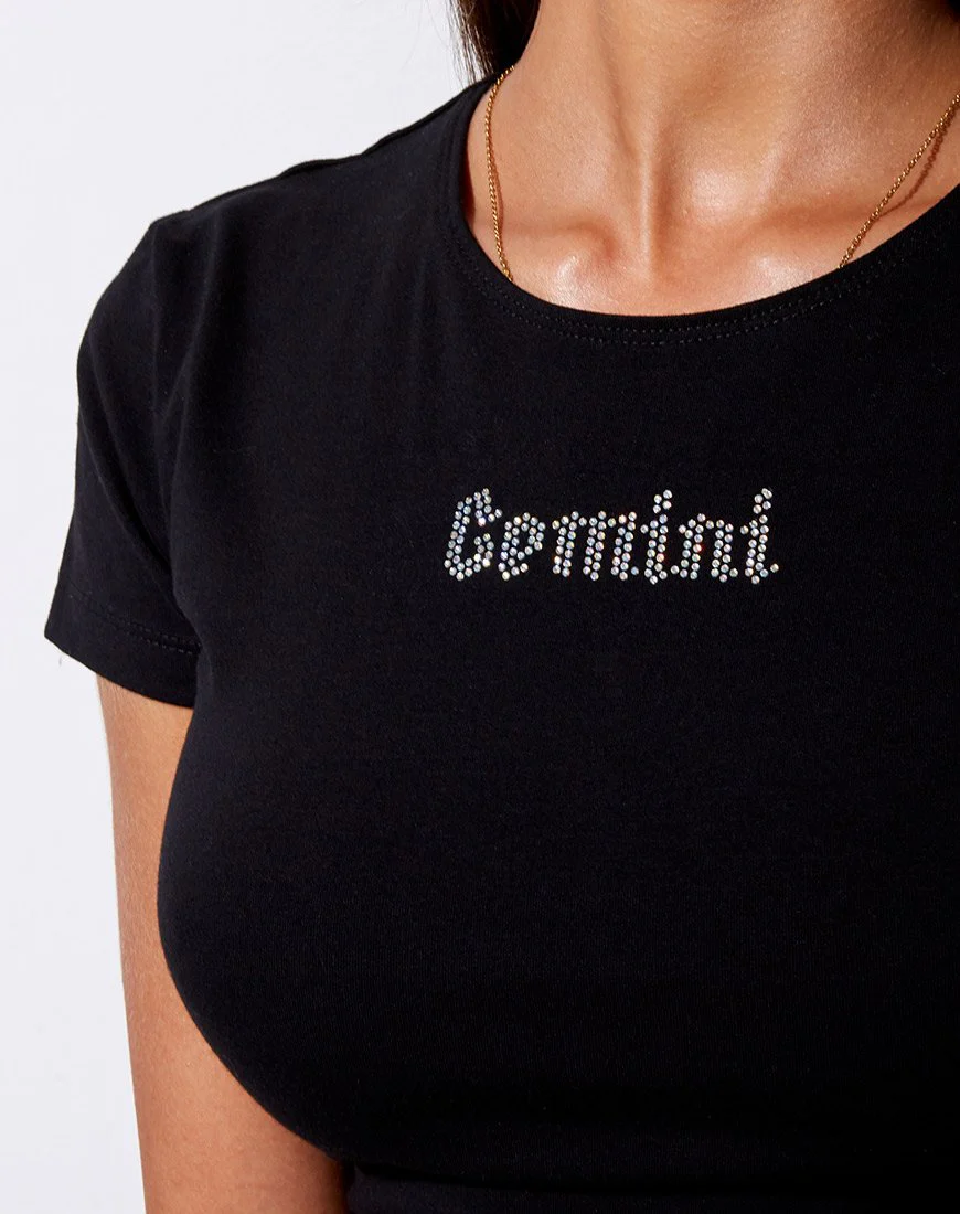 Tiney Crop Tee in Black 'Gemini' Diamante - Image 2
