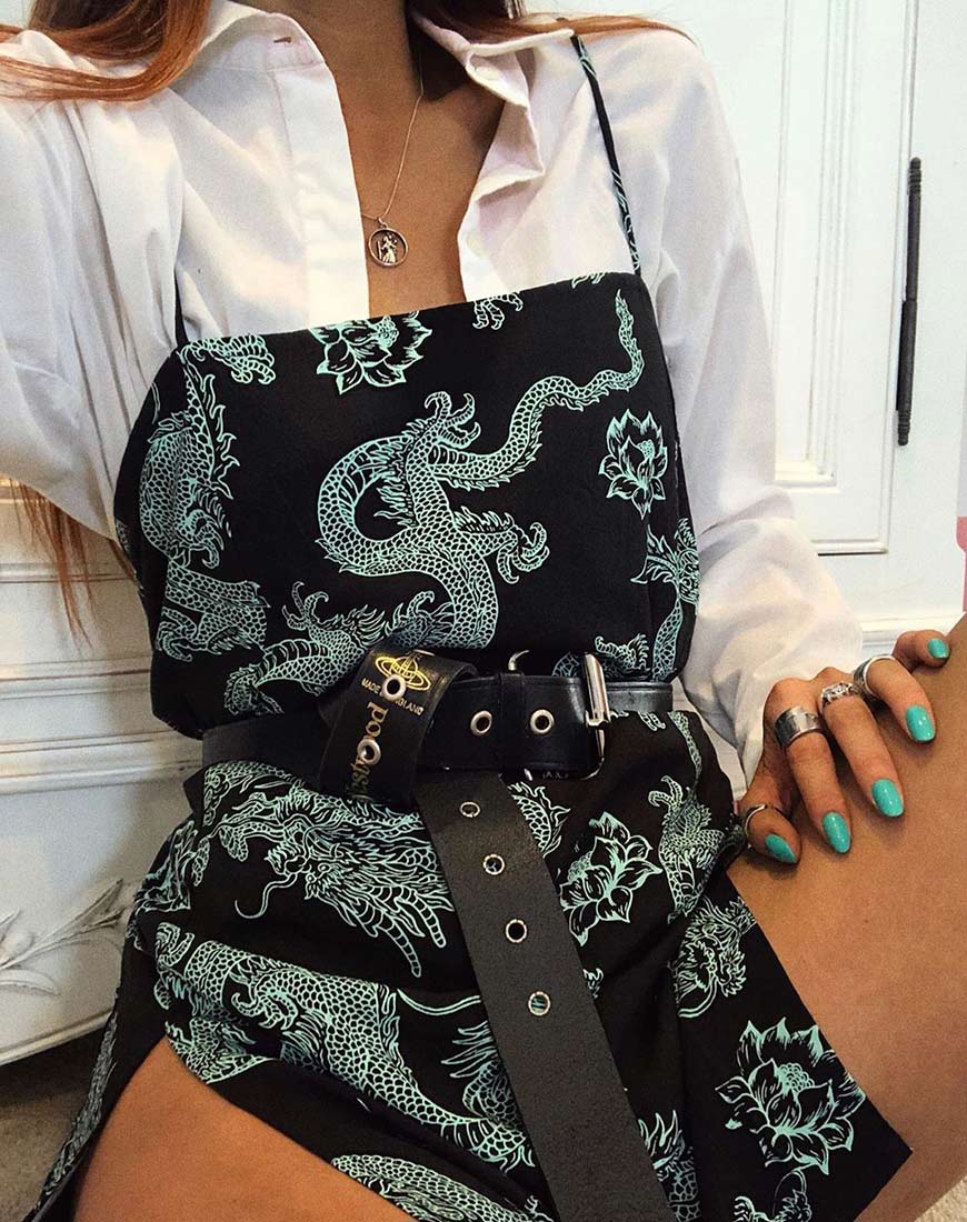 Tista Dress in Dragon Flower Black and Mint - Image 3