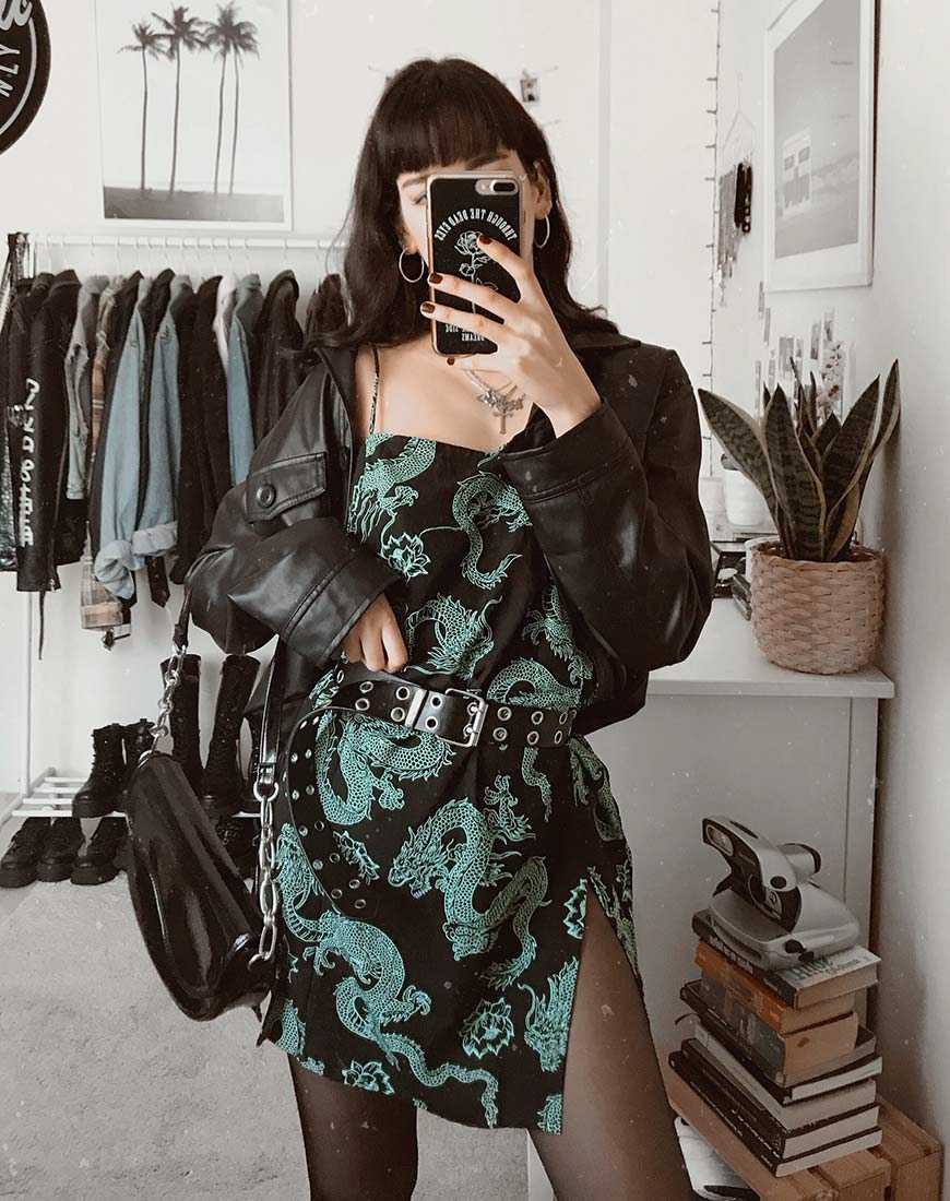 Tista Dress in Dragon Flower Black and Mint - Image 4