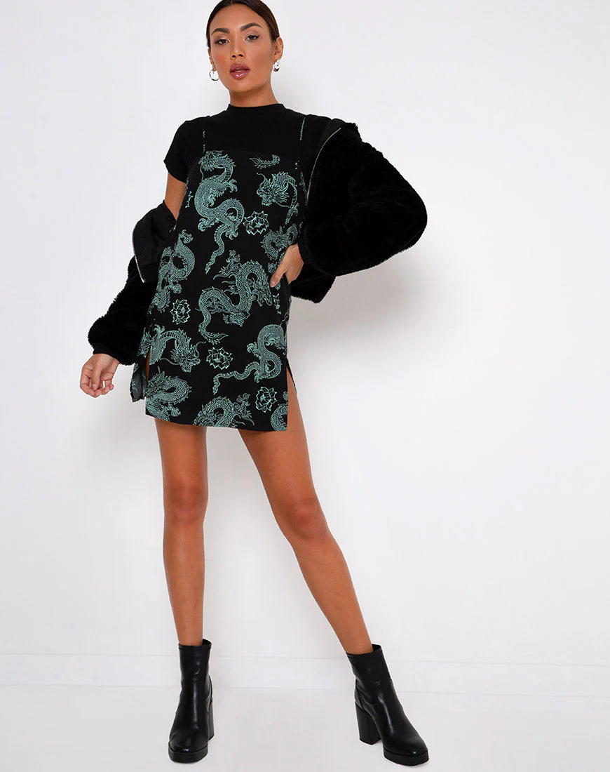 Tista Dress in Dragon Flower Black and Mint - Image 9