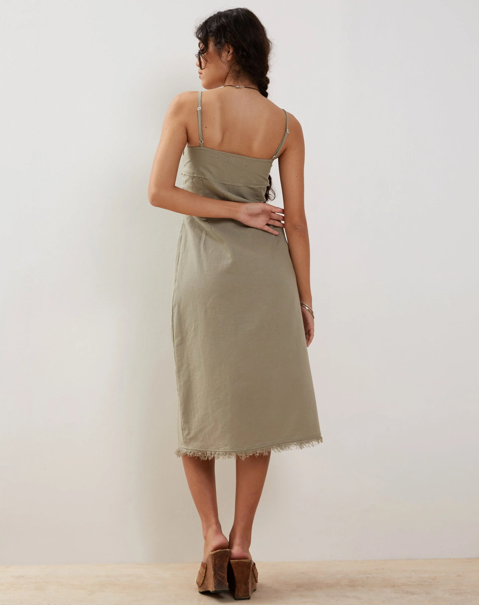 Una Distressed Hem Midi Slip Dress in Slate Green Linen - Image 4