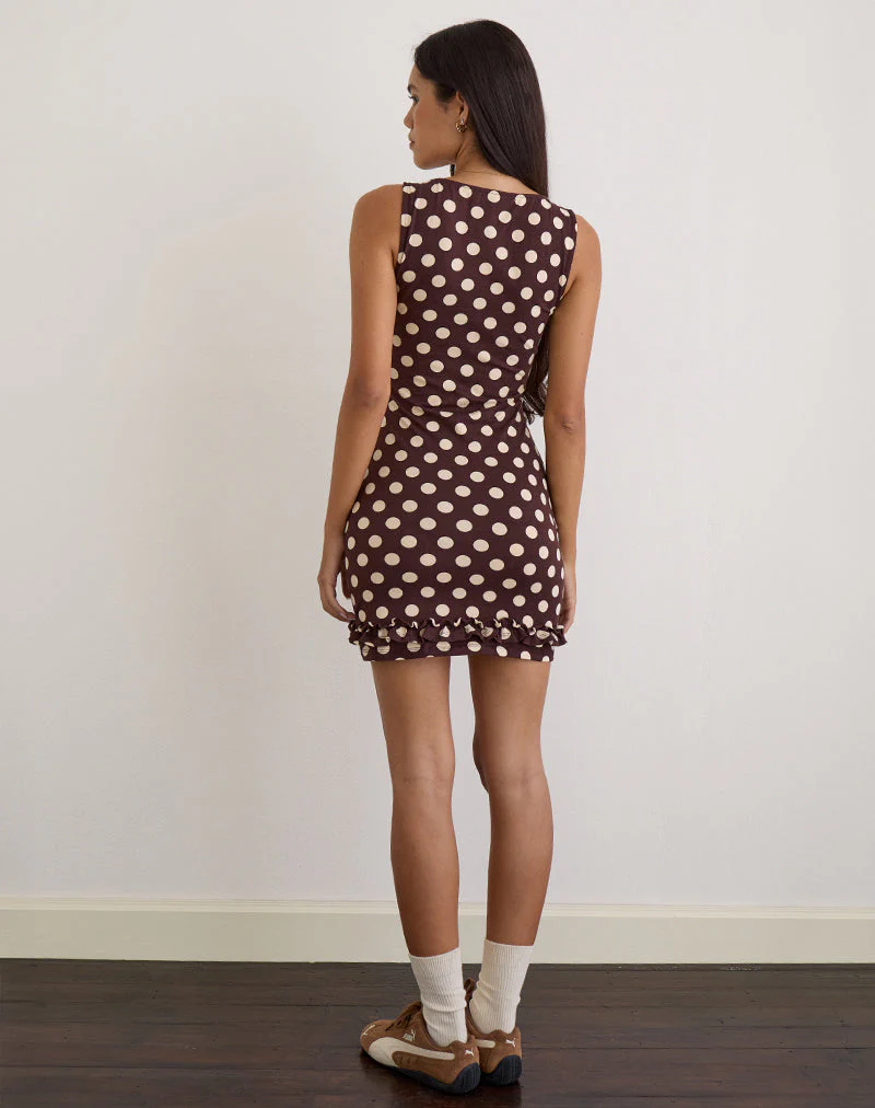 Vadora Frill Hem Mini Dress in Brown with Big Polka Cream - Image 5