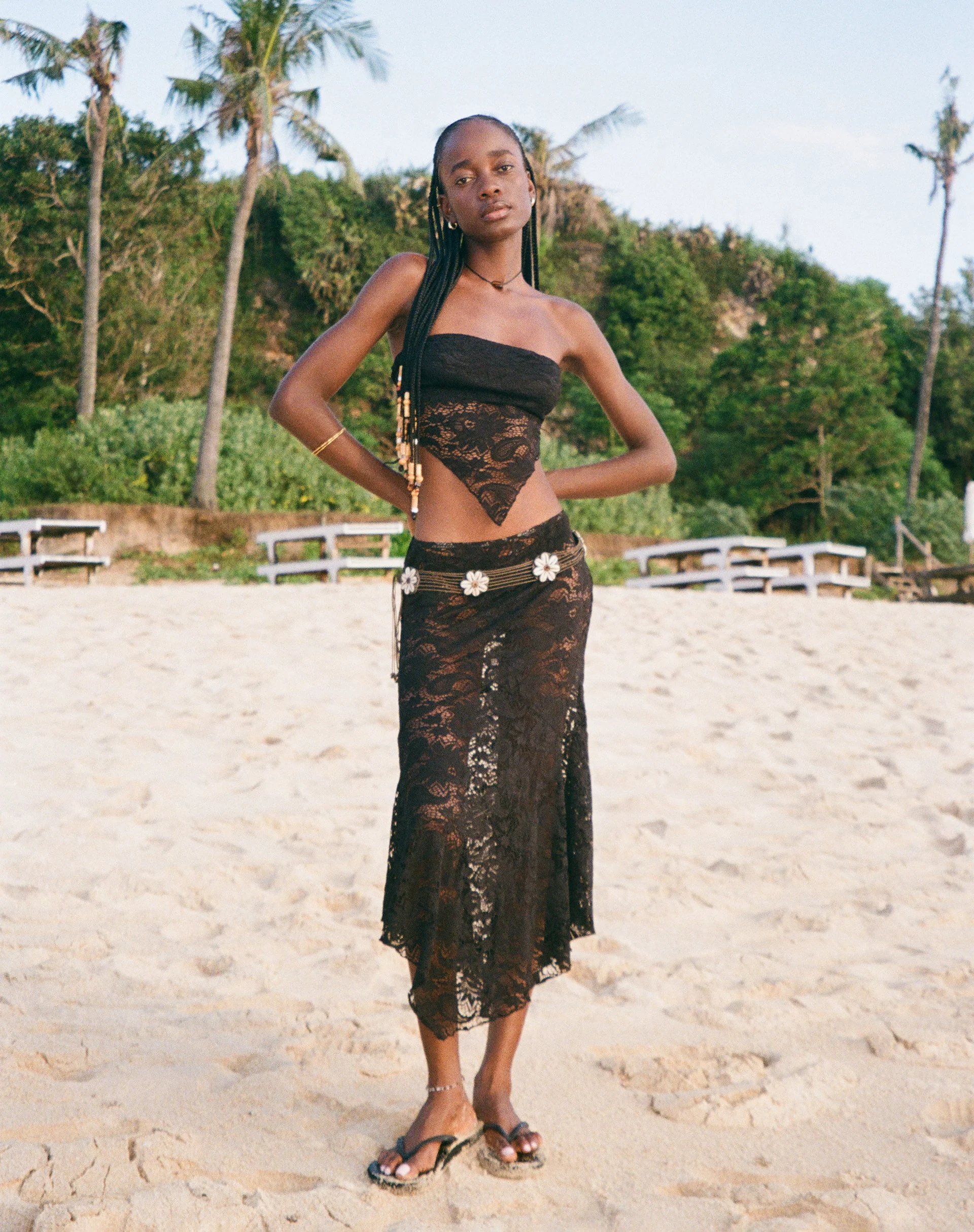 Vana Waterfall Hem Lace Midi Skirt in Jet Black - Image 5