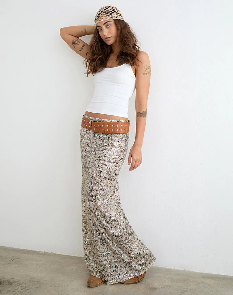 Vanessa Maxi Skirt in Paisley Sequin Gold - Image 4