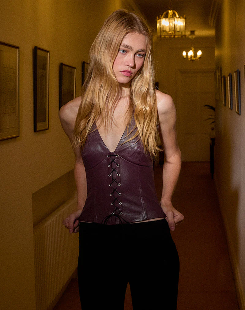 Wahya Lace Up Halter Top in PU Plum