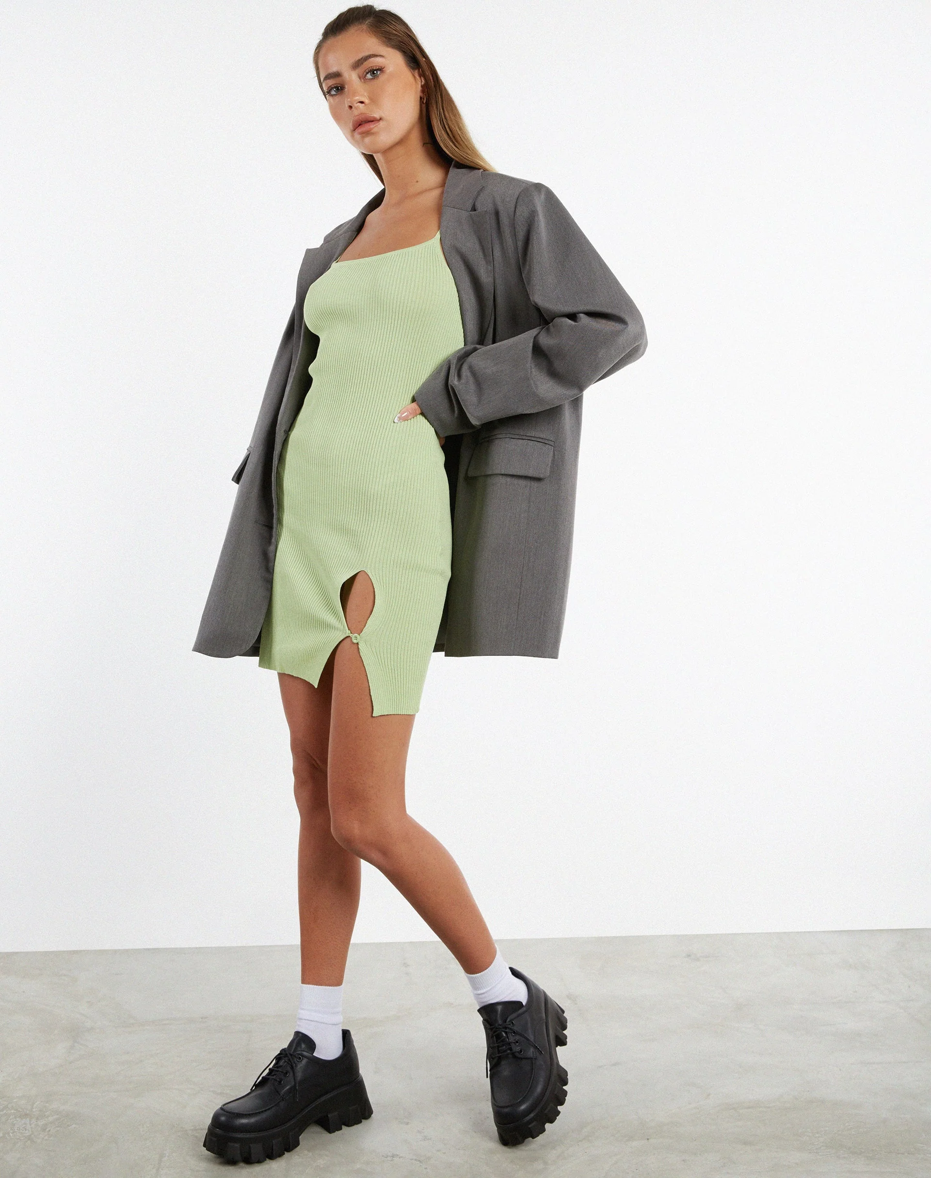 Yanda Bodycon Dress in Rib Knit Pastel Lime - Image 7