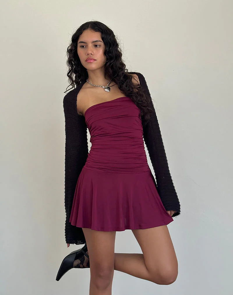 Yasmin Bandeau Mini Slinky Dress in Burgundy - Image 4