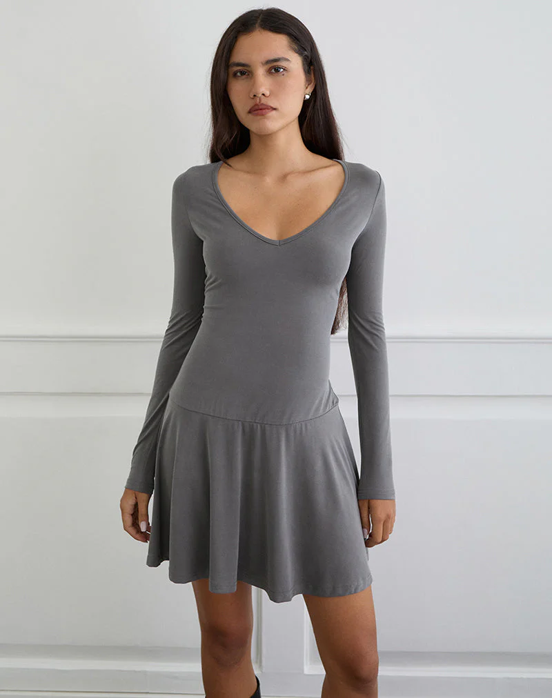 Yauri Long Sleeve Mini Dress in Cupro Grey - Image 2