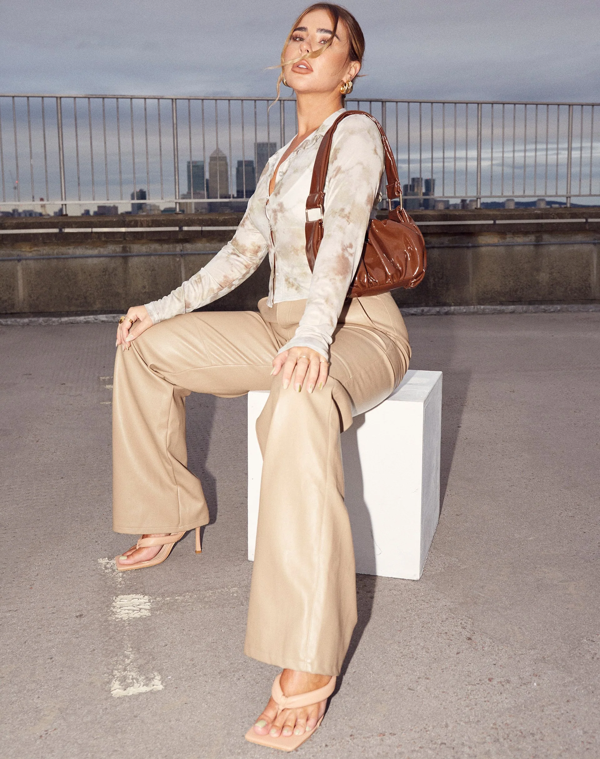 Yeria Wide Leg Trouser in PU Tan - Image 2