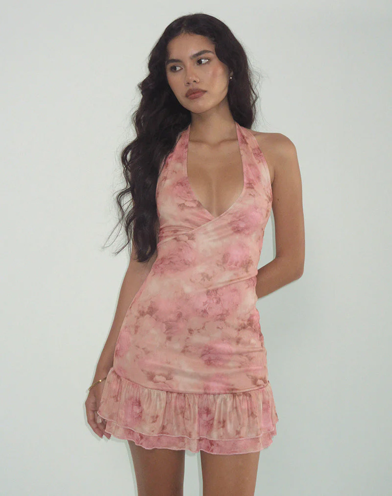 Yoriko Halterneck Mini Dress in Smoky Floral Peach