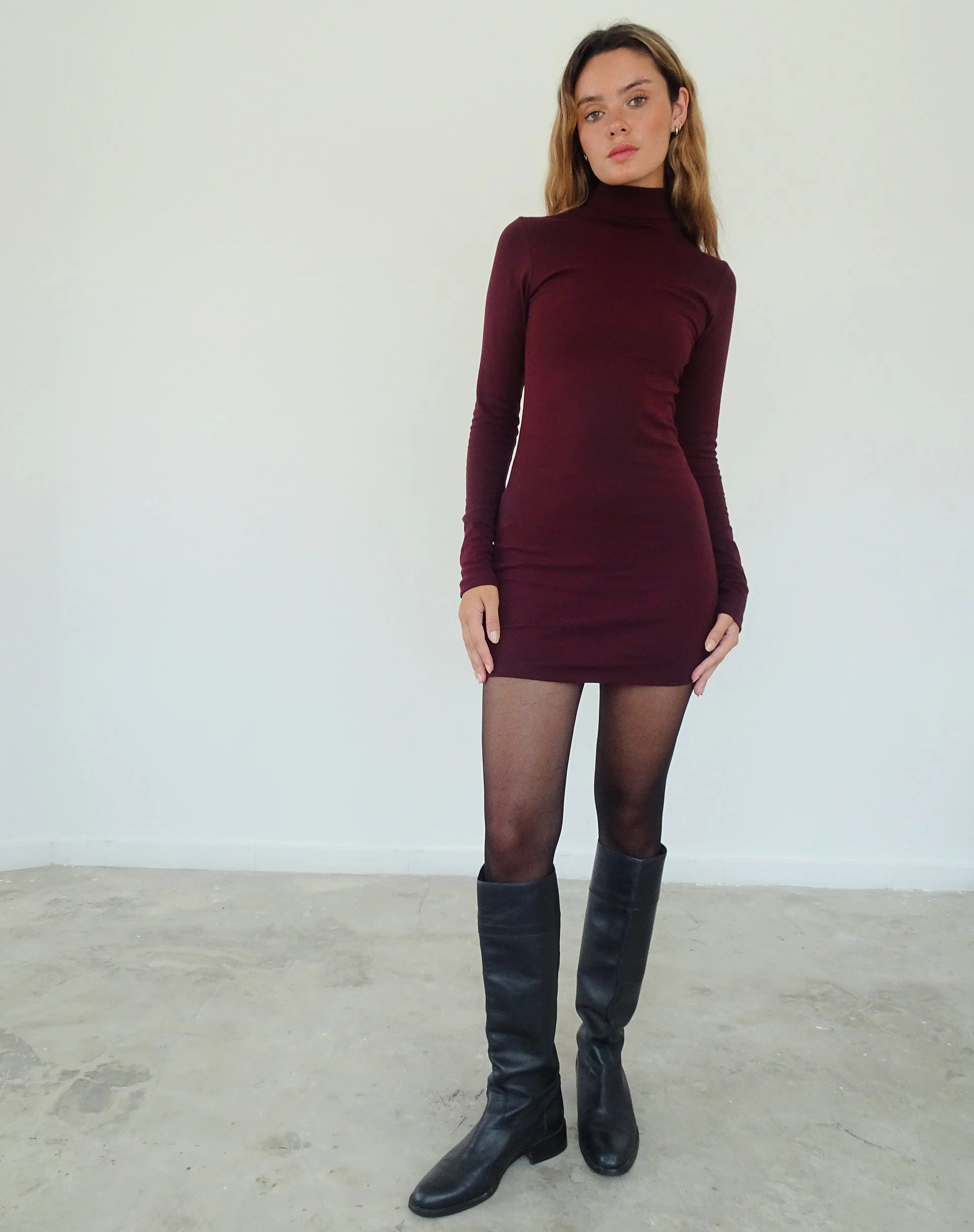 Yrion Turtle Neck  Bodycon Mini Dress in Burgundy - Image 3
