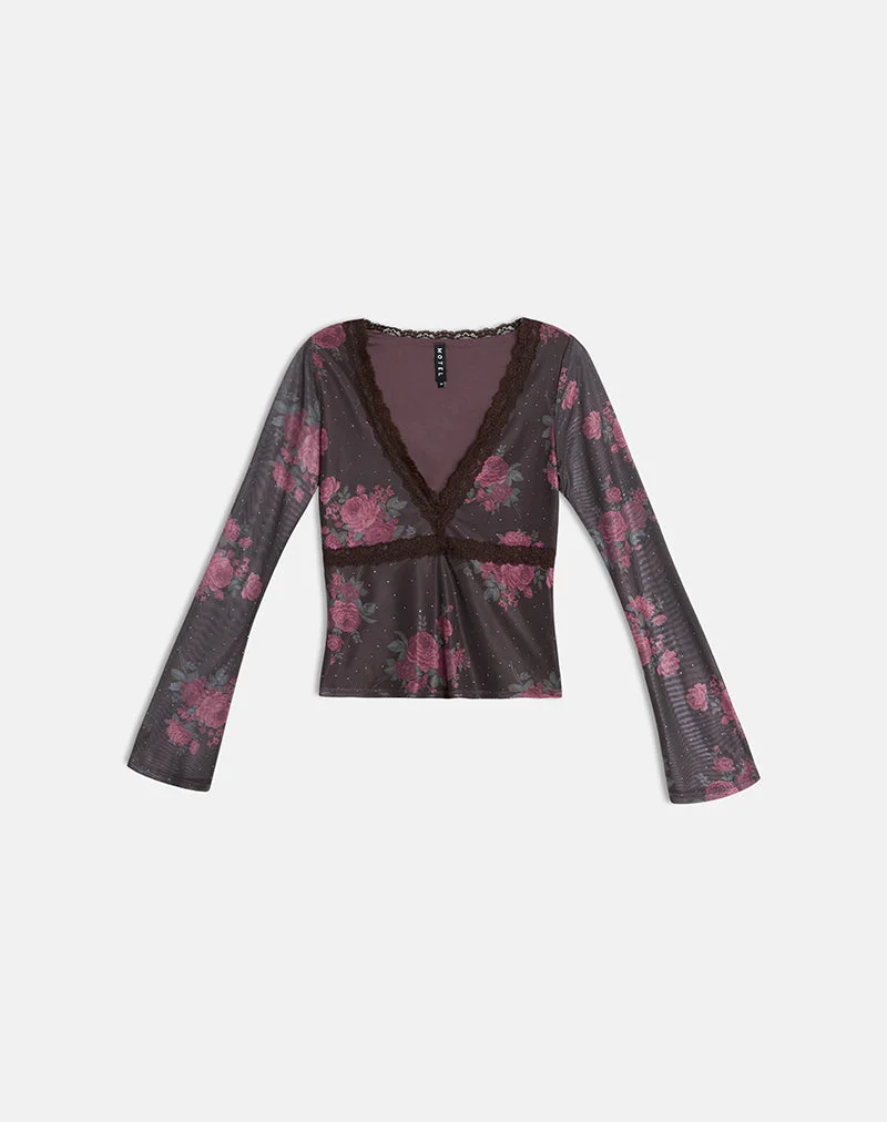 Yudo Top in Brown with Pink Polka Dots and Roses Print - Image 12