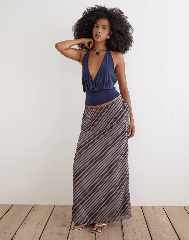 Zelvia Maxi Skirt in Chiffon Grey and Maroon Diagonal Stripe - Image 4