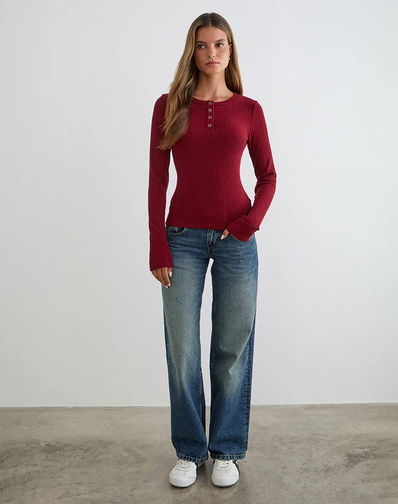 Zinta Long Sleeve Button Up Top in Rib Knit Dark Maroon - Image 3