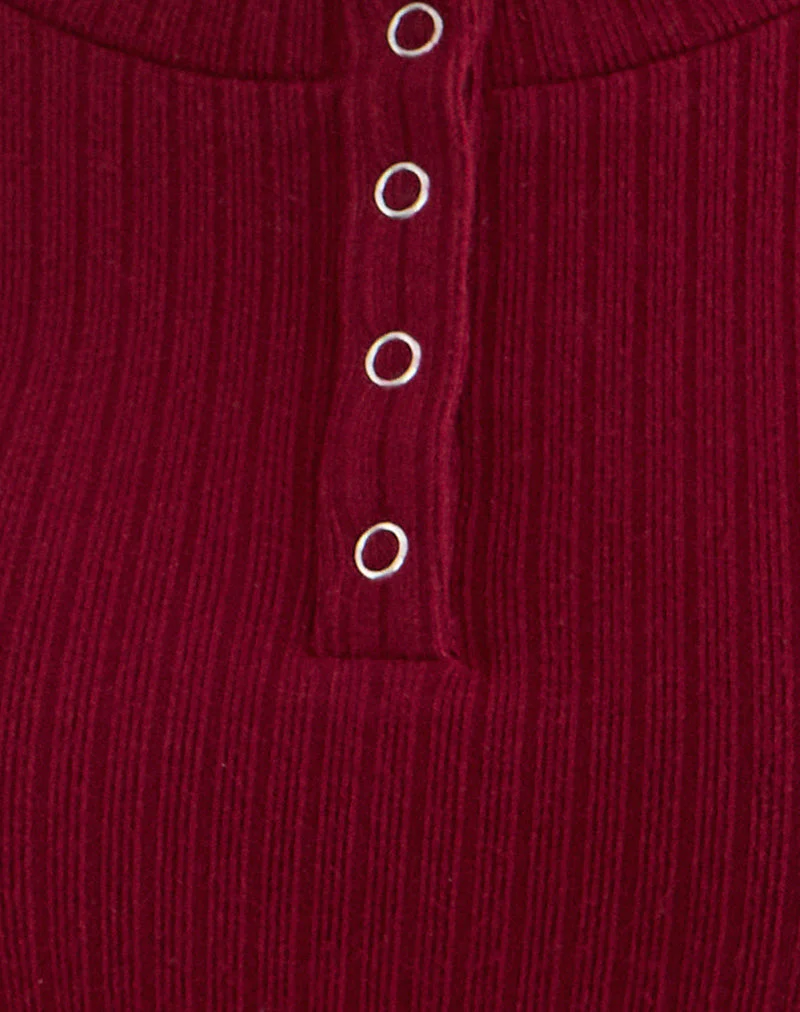 Zinta Long Sleeve Button Up Top in Rib Knit Dark Maroon - Image 6