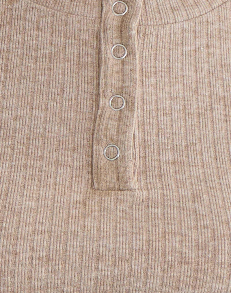 Zinta Long Sleeve Button Up Top in Rib Knit Oat - Image 6