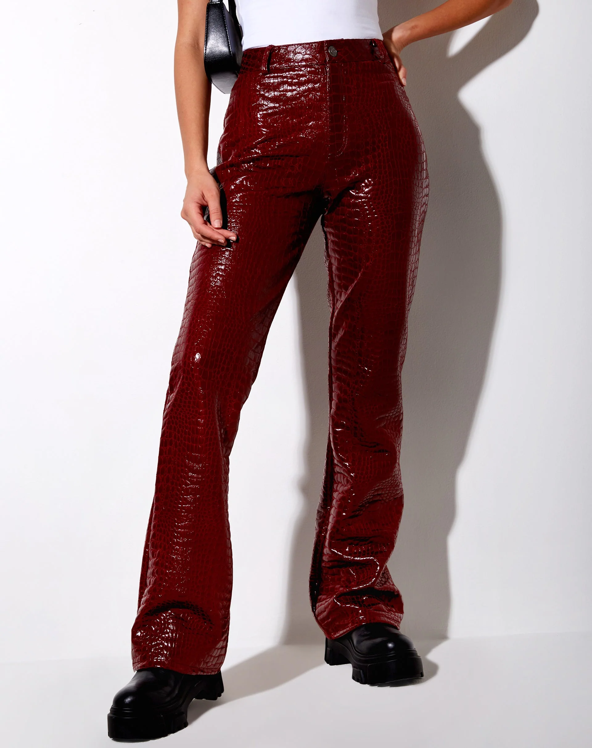 Zoven Trouser in Croc PU Burgundy - Image 5