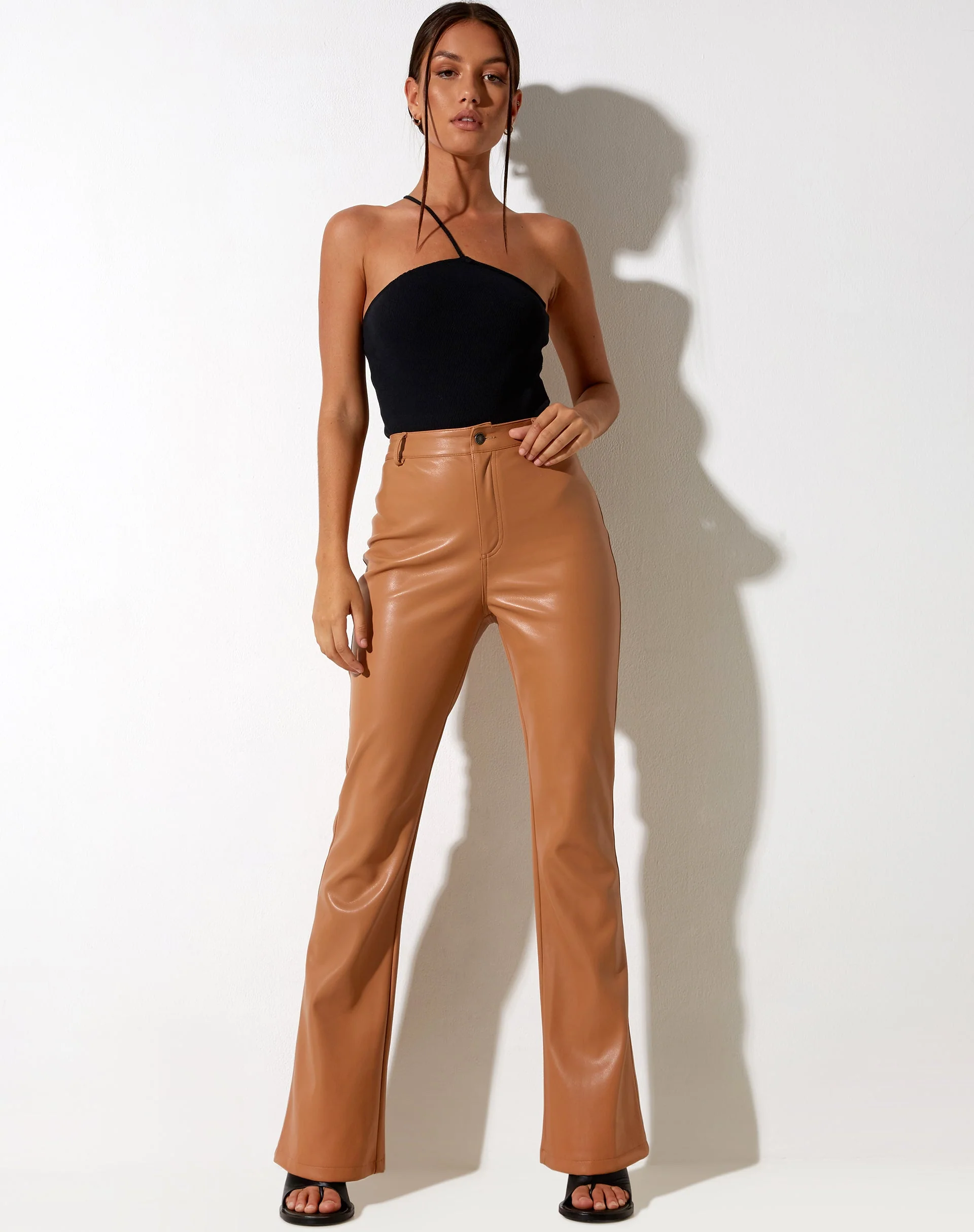 Zoven Flare Trouser in PU Peachy Tan - Image 2