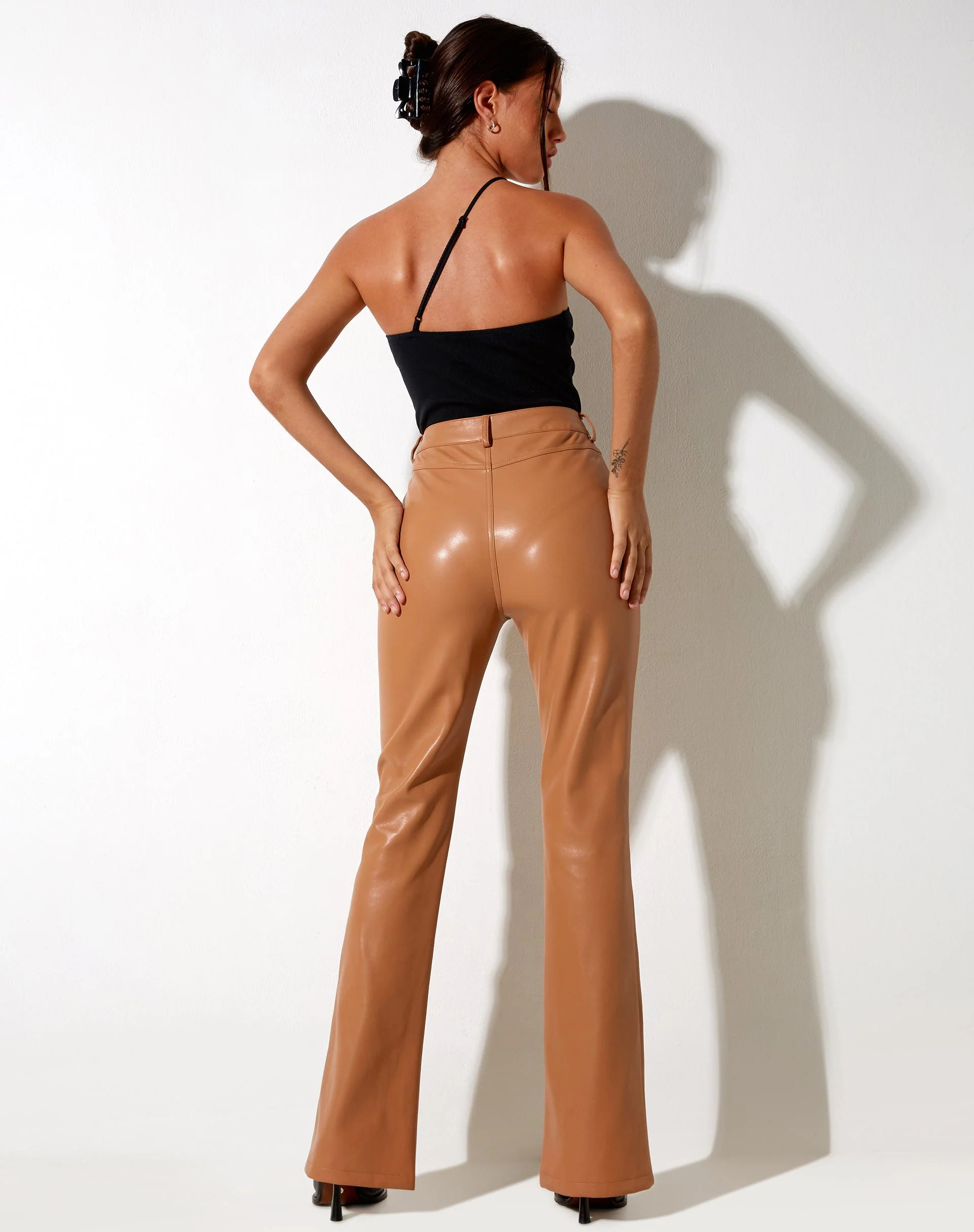 Zoven Flare Trouser in PU Peachy Tan - Image 4