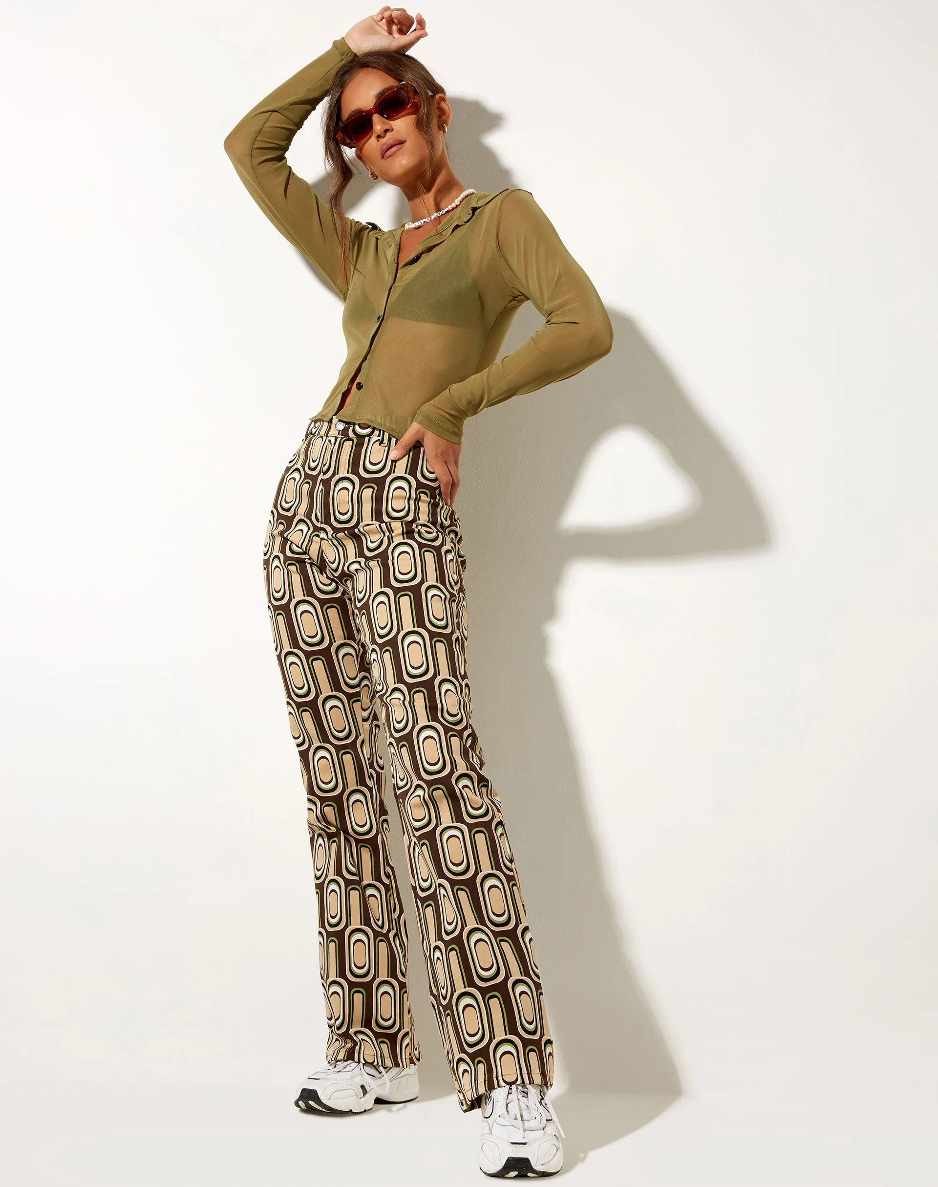 Zoven Flare Trouser in Retro Spot Brown - Image 3